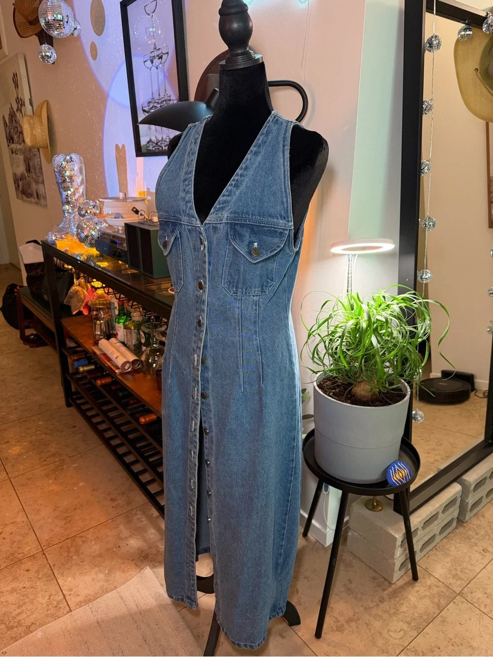 Sleeveless Blue Denim Maxi Dress with Front Buttons