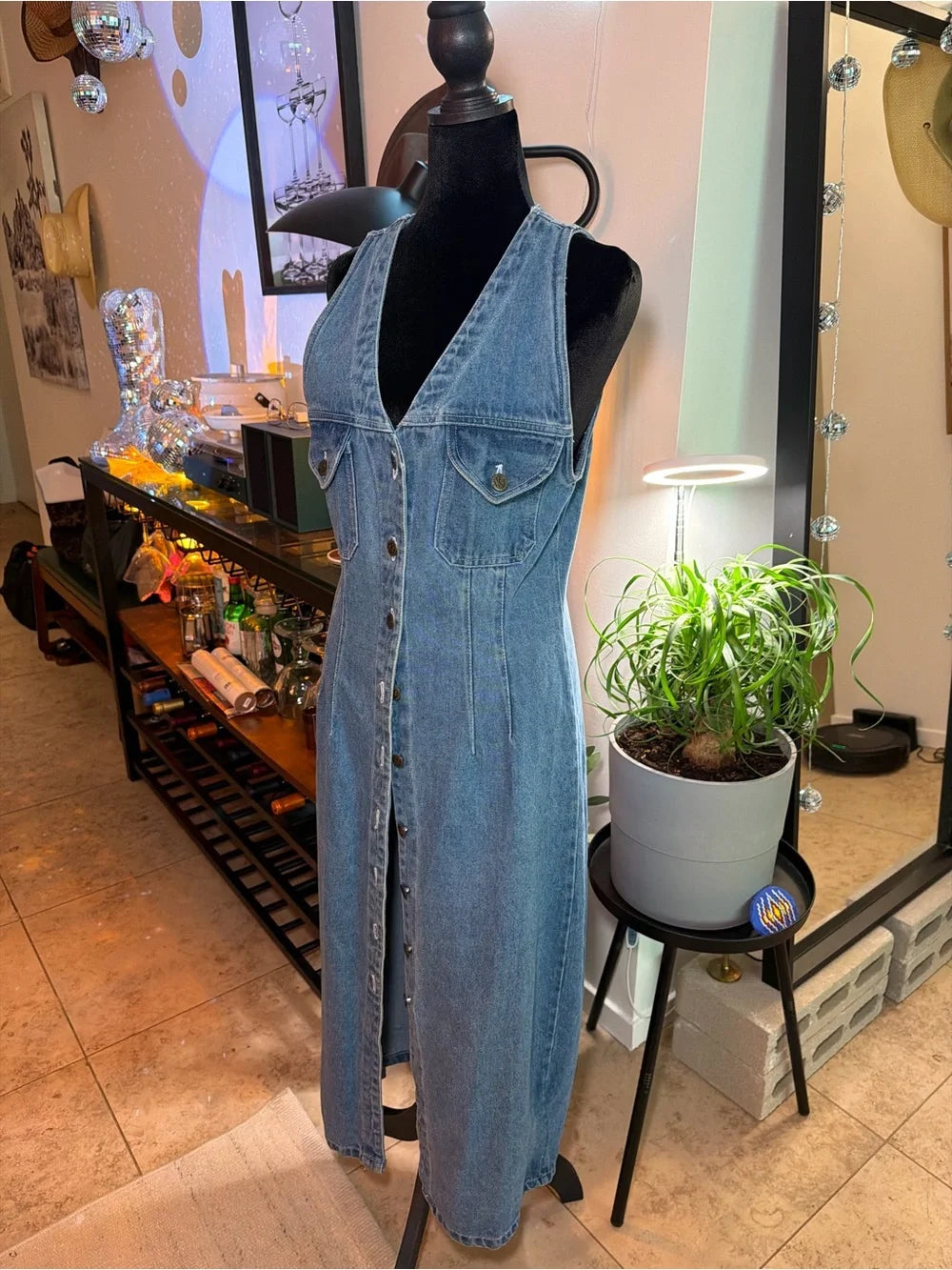 Sleeveless Blue Denim Maxi Dress with Front Buttons