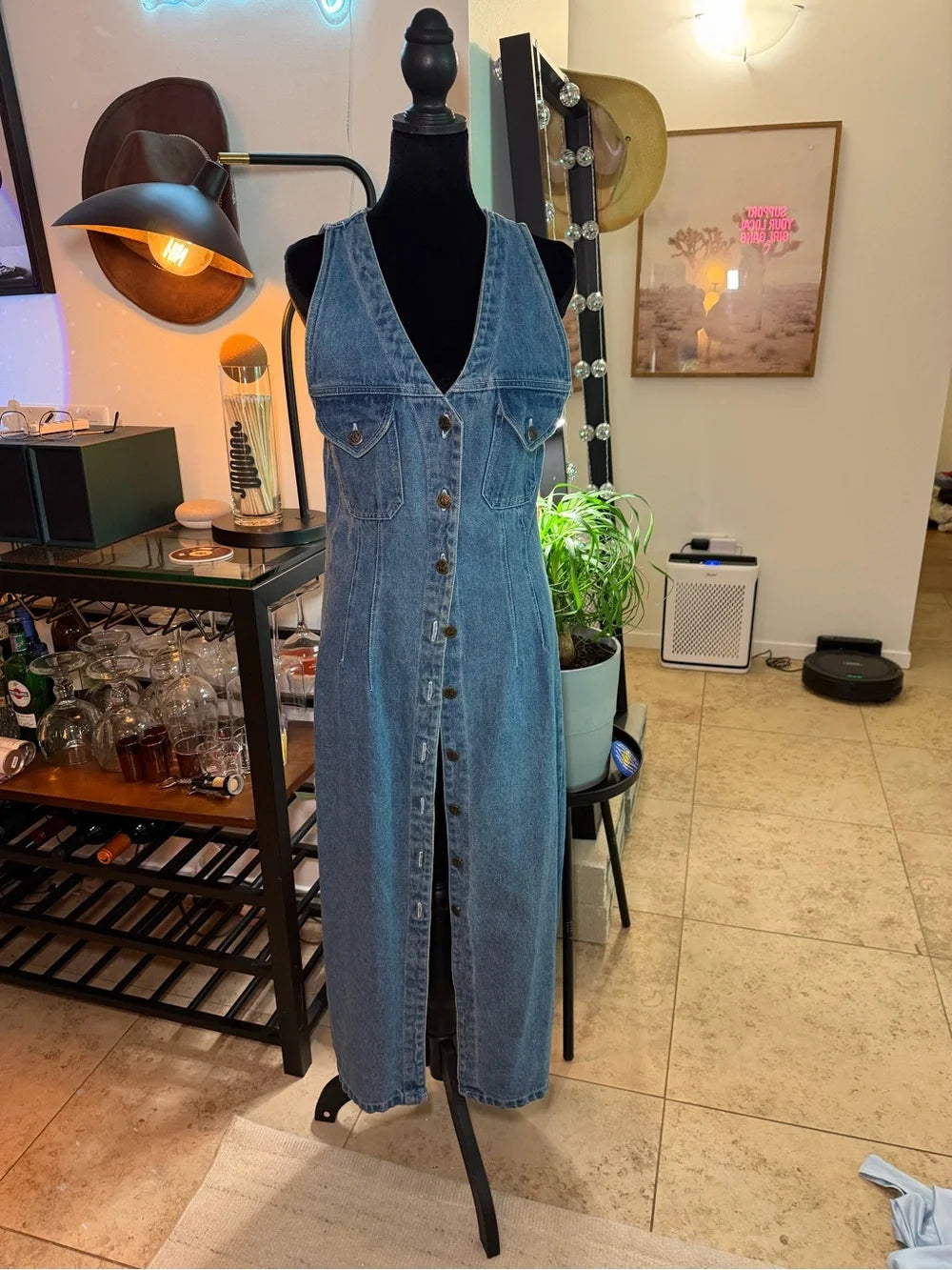 Sleeveless Blue Denim Maxi Dress with Front Buttons