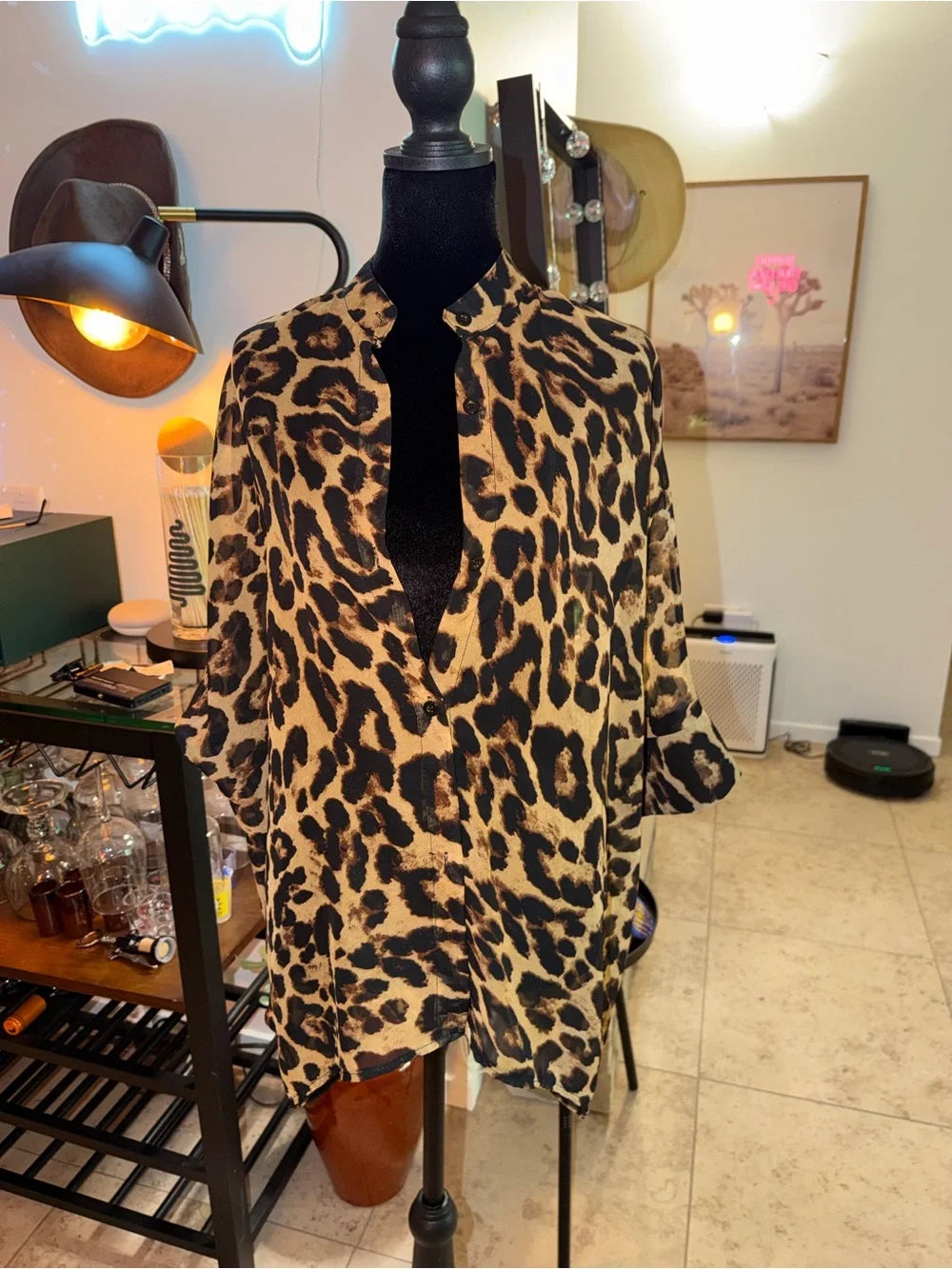 Leopard Print Button-Down Shirt - Tan/Black