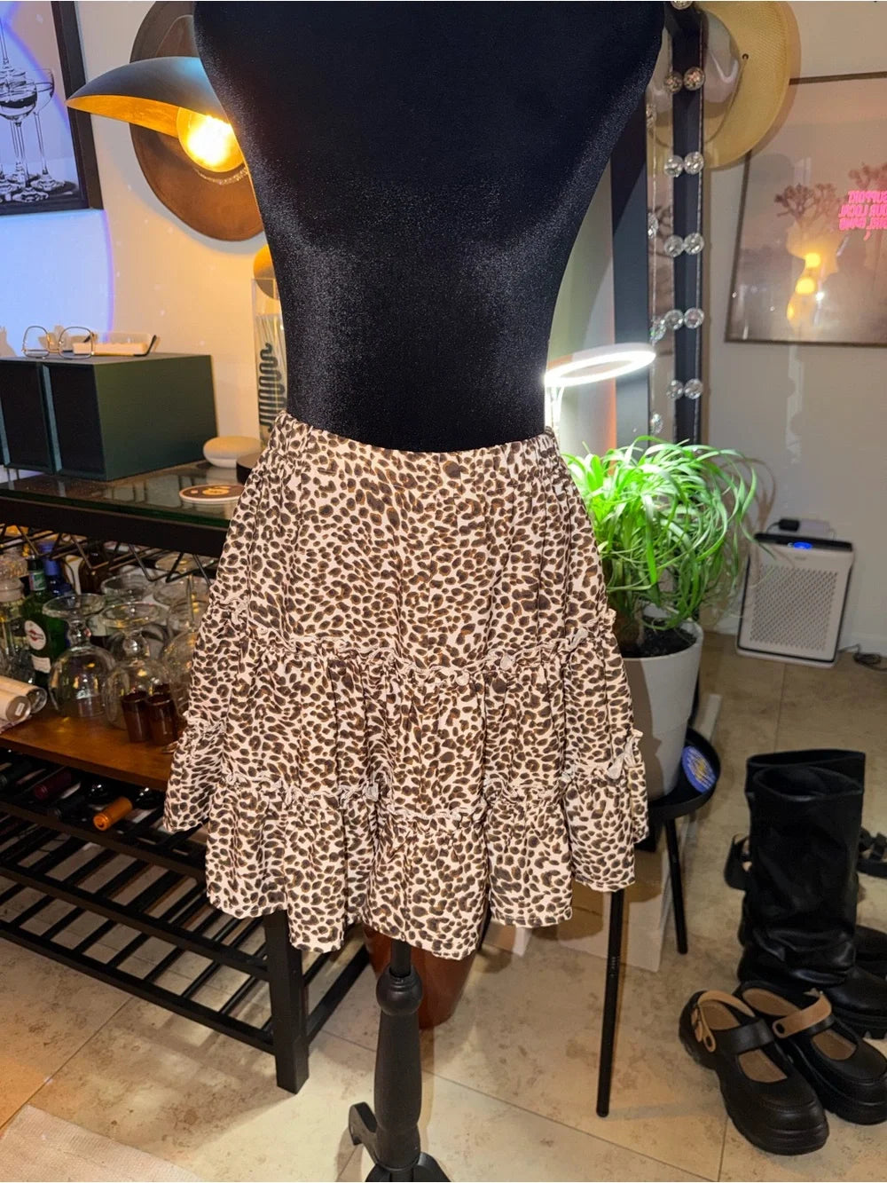 Leopard Print Tiered Mini Skirt | Brown & Black Flirty Ruffle Chic