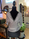 Women's Black & White Striped V-Neck Sweater Top