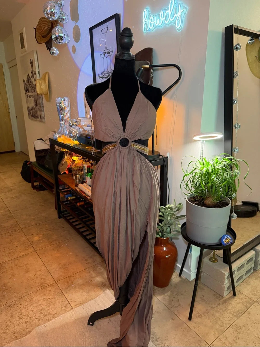 New With Tag Fashion Nova Taupe Halter Maxi Dress with Ring Detail
