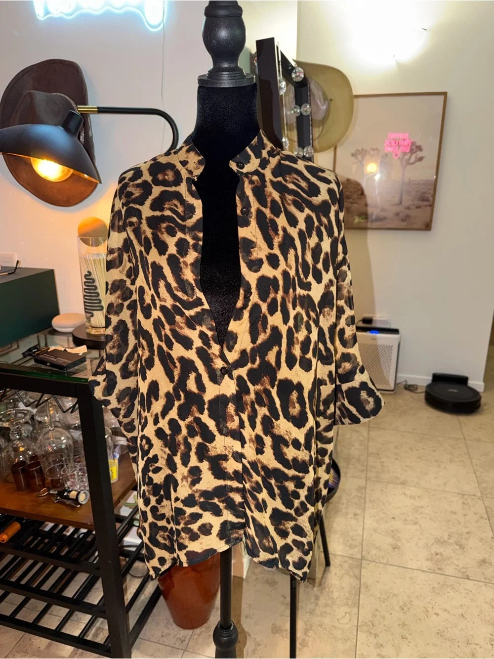 Leopard Print Button-Down Shirt - Tan/Black