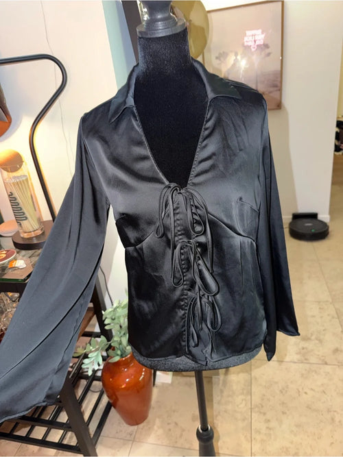 a new day Black Satin Lace-Up Tie Front Blouse