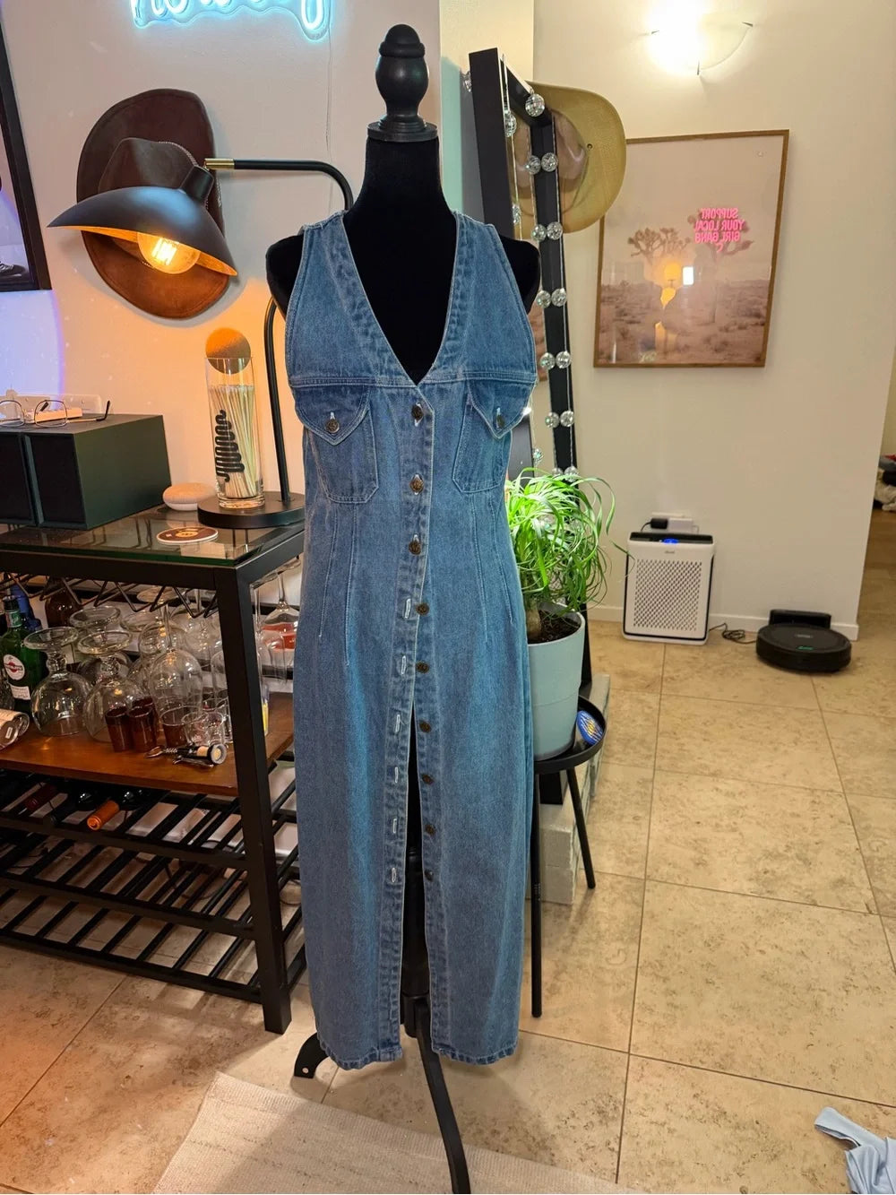 Sleeveless Blue Denim Maxi Dress with Front Buttons