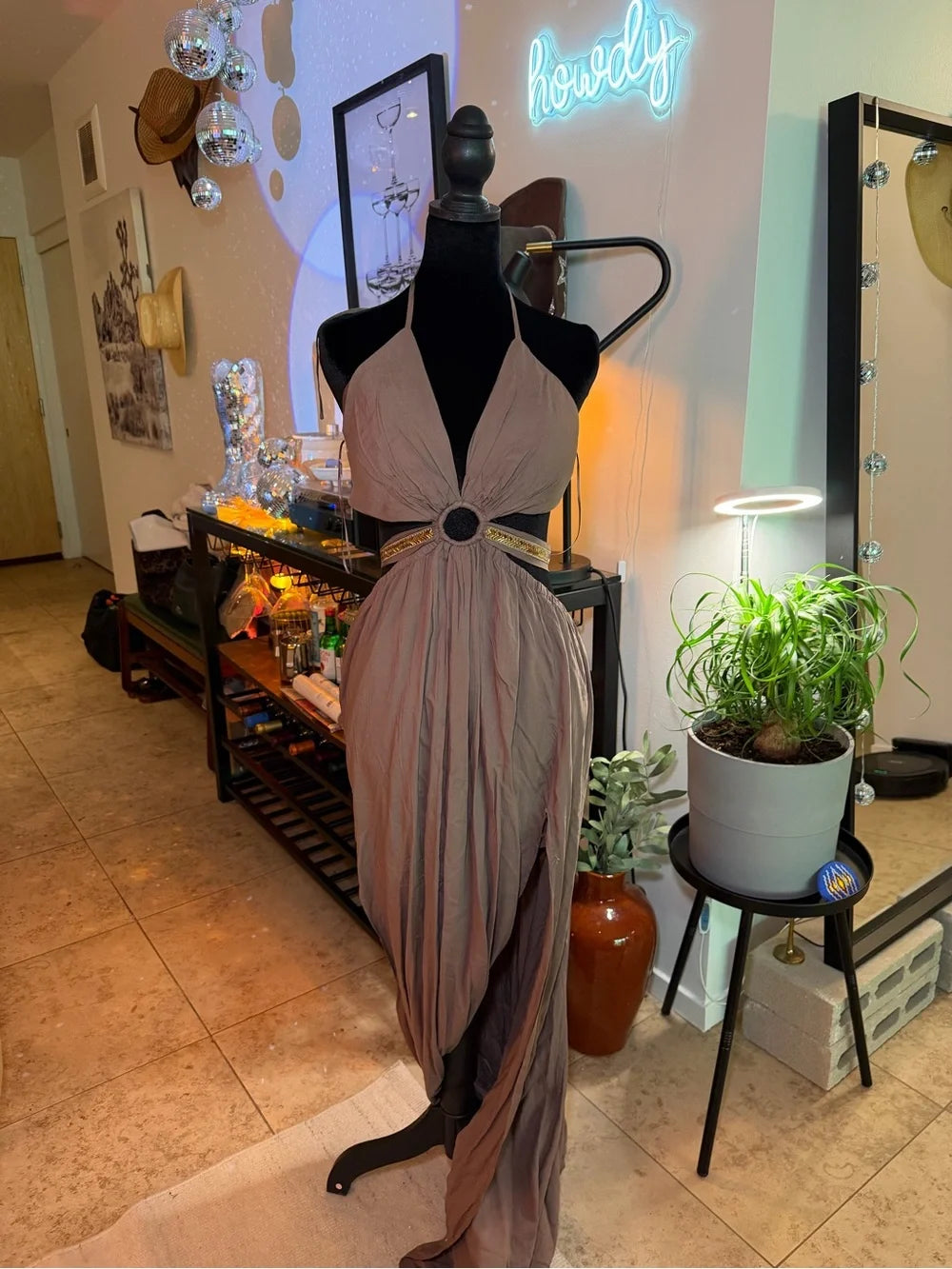 New With Tag Fashion Nova Taupe Halter Maxi Dress with Ring Detail