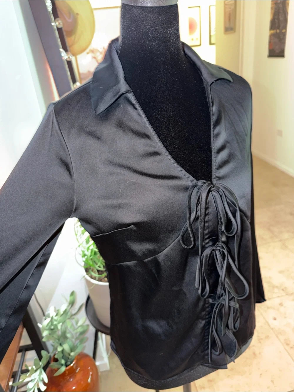 a new day Black Satin Lace-Up Tie Front Blouse