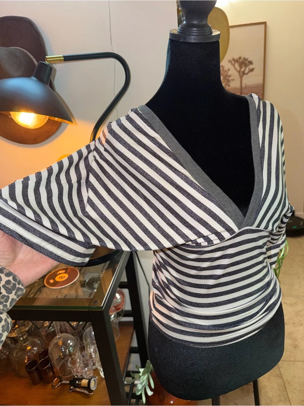 Women's Black & White Striped V-Neck Sweater Top