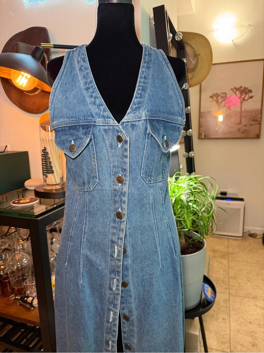 Sleeveless Blue Denim Maxi Dress with Front Buttons