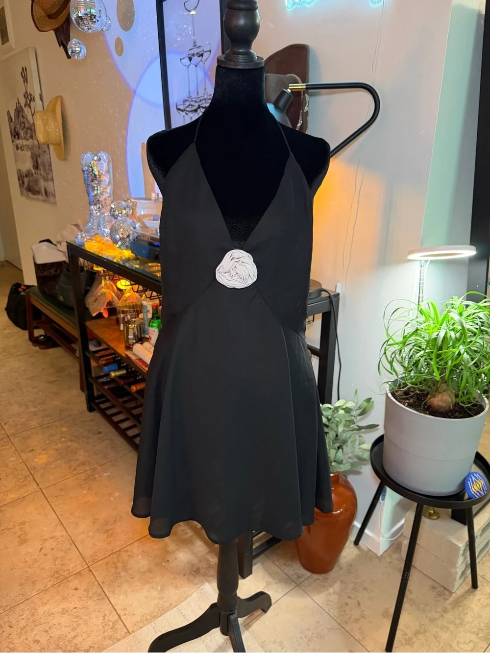 Black Halter Mini Dress with White Rosette Accent