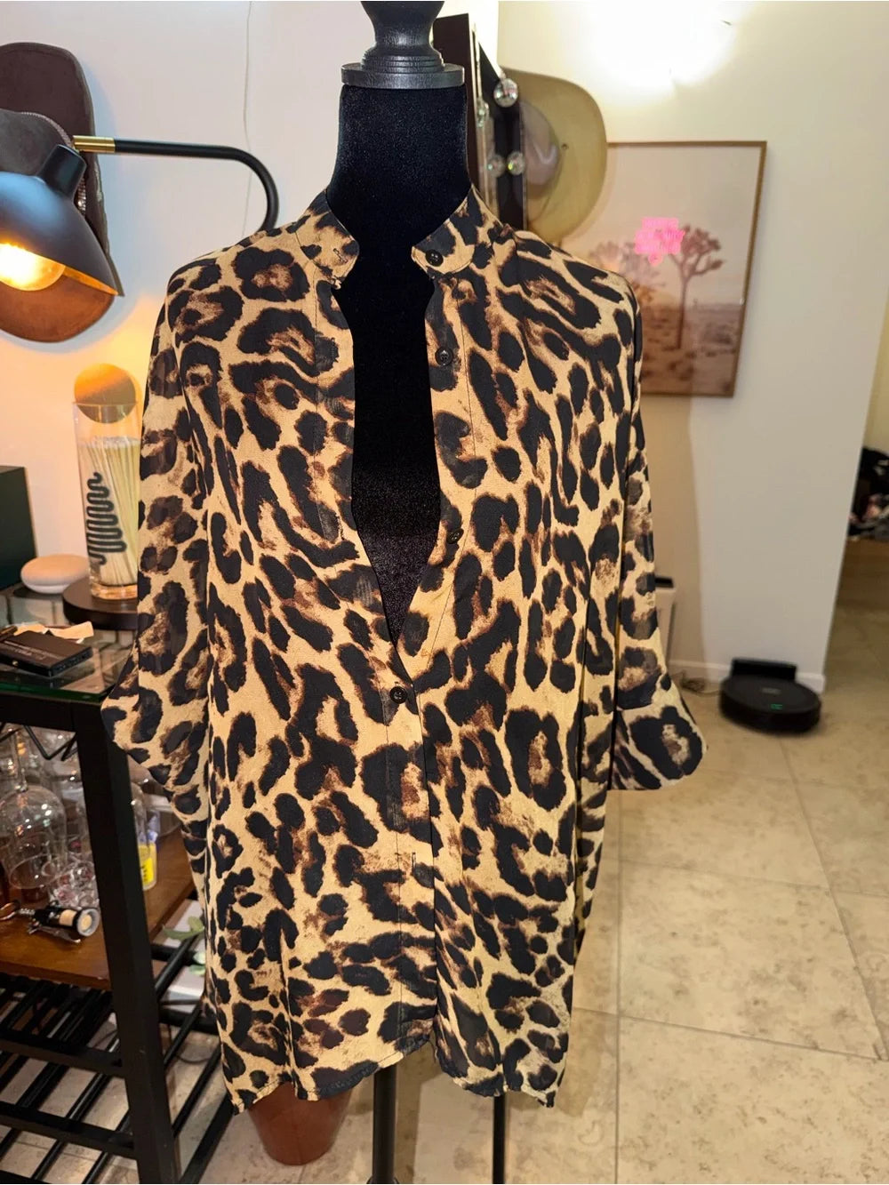 Leopard Print Button-Down Shirt - Tan/Black