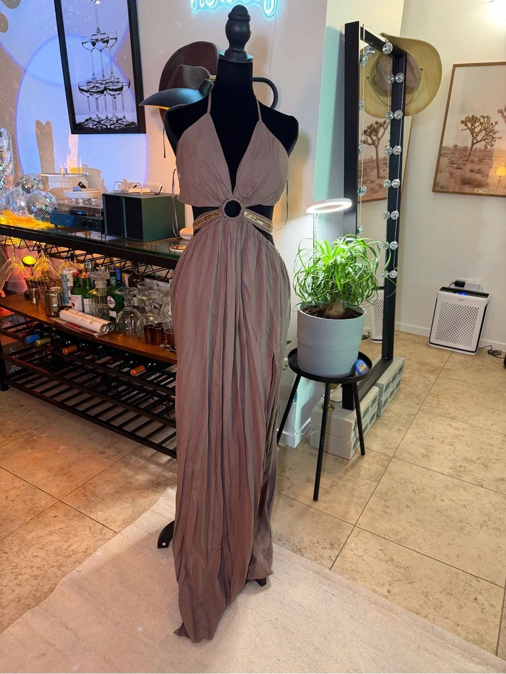New With Tag Fashion Nova Taupe Halter Maxi Dress with Ring Detail