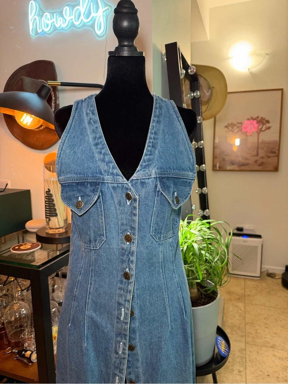Sleeveless Blue Denim Maxi Dress with Front Buttons