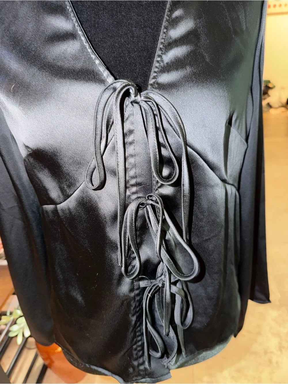 a new day Black Satin Lace-Up Tie Front Blouse
