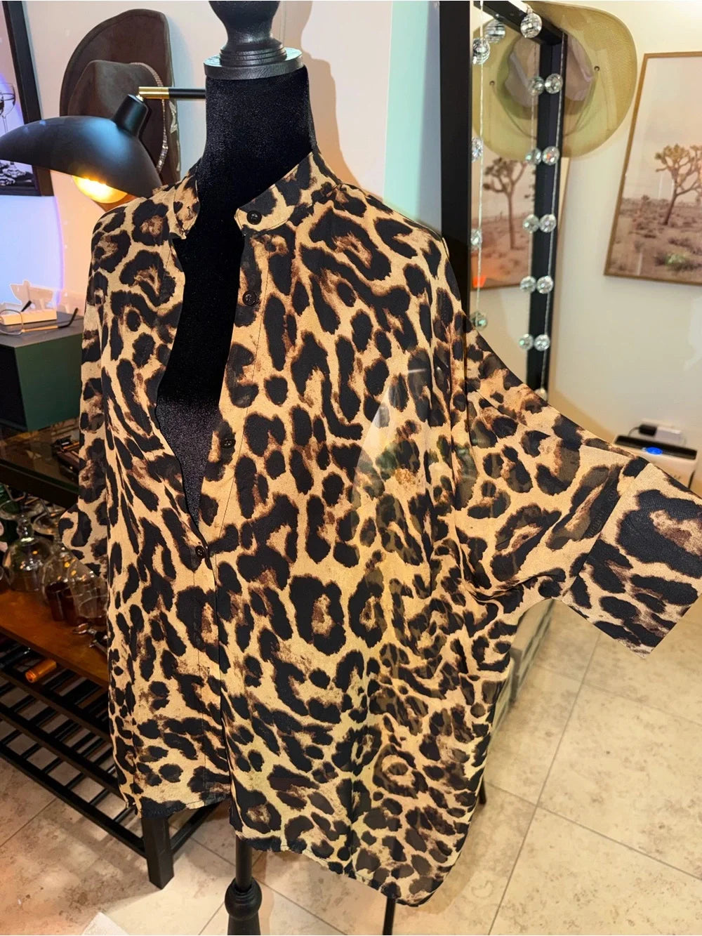 Leopard Print Button-Down Shirt - Tan/Black