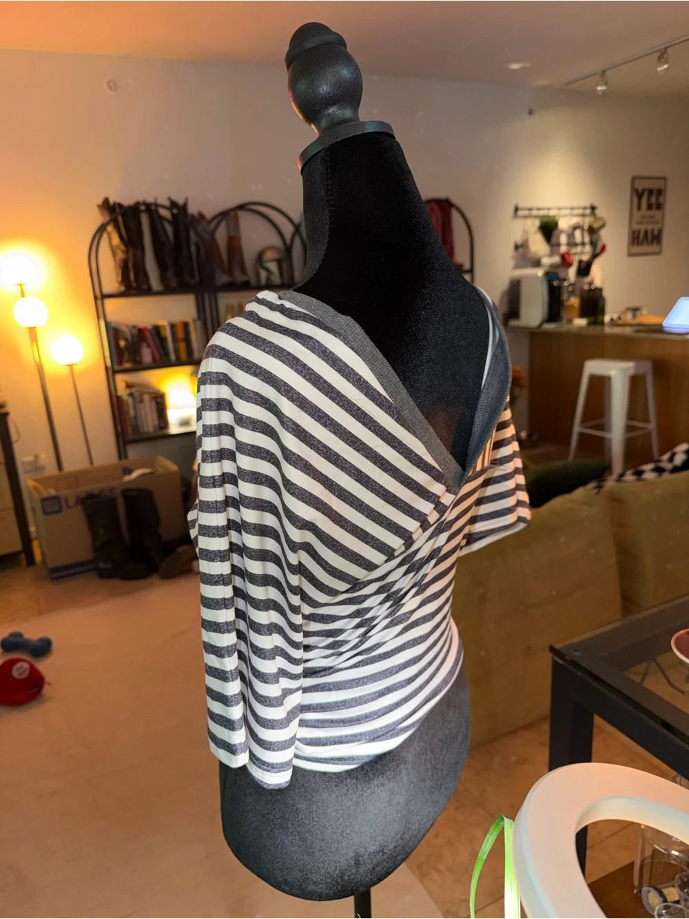 Women's Black & White Striped V-Neck Sweater Top