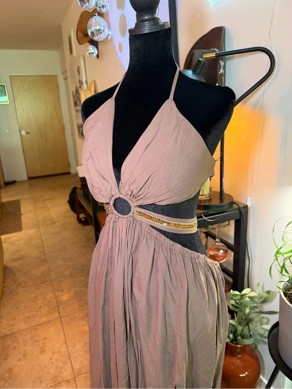 New With Tag Fashion Nova Taupe Halter Maxi Dress with Ring Detail