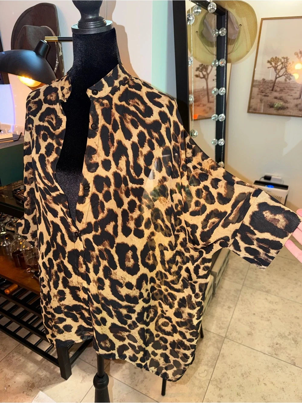 Leopard Print Button-Down Shirt - Tan/Black