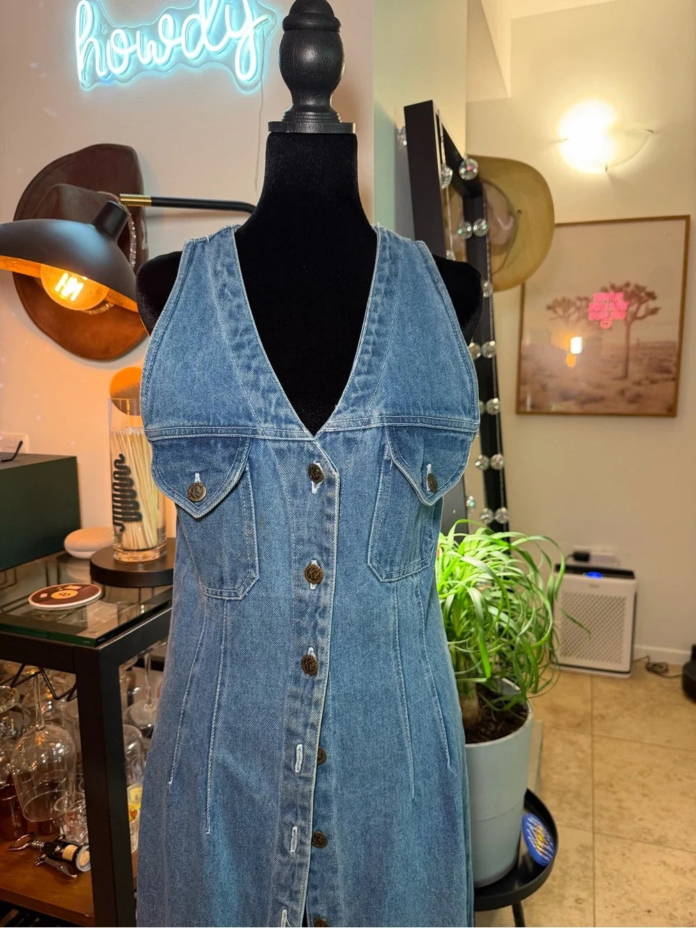 Sleeveless Blue Denim Maxi Dress with Front Buttons