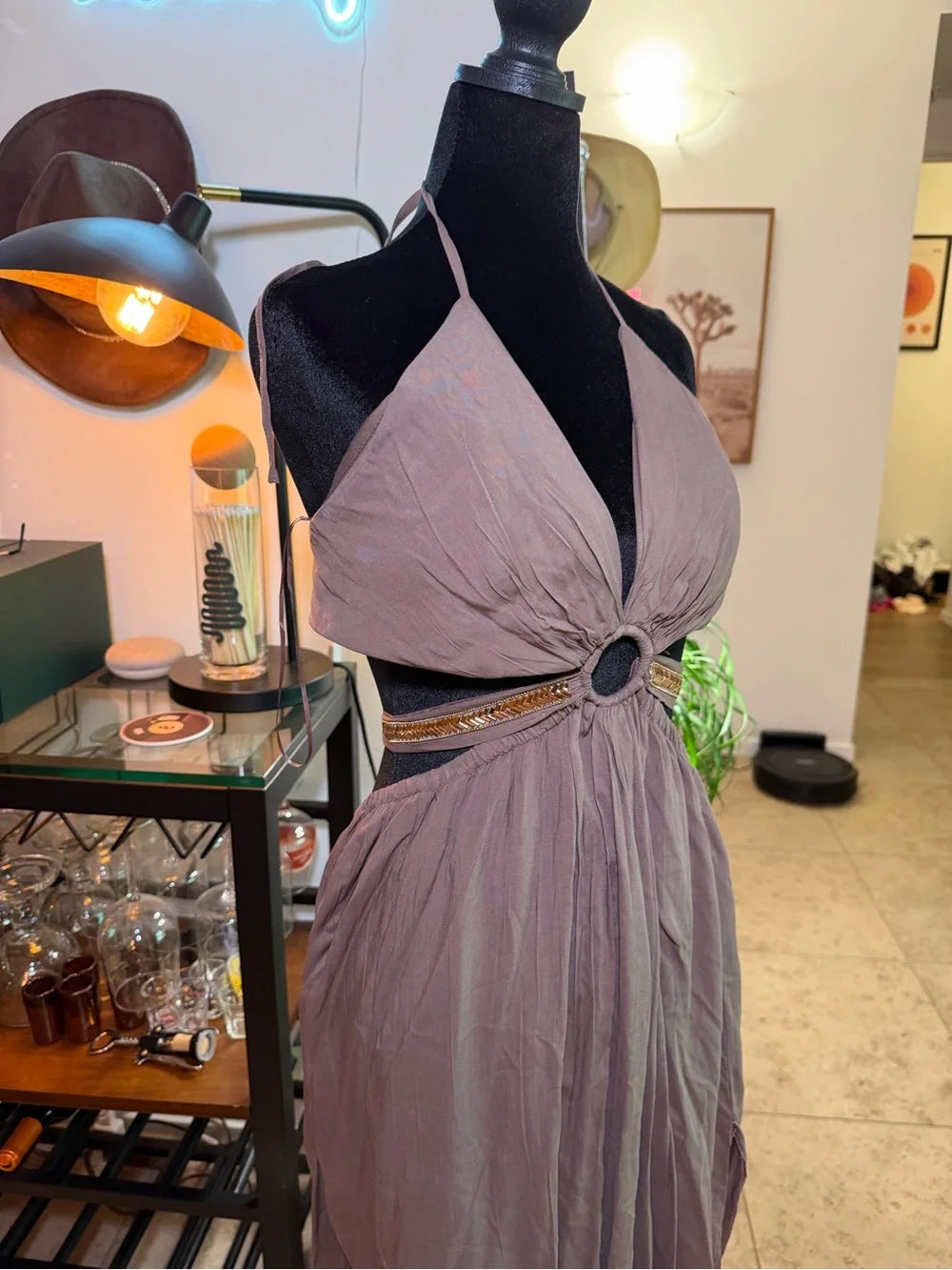New With Tag Fashion Nova Taupe Halter Maxi Dress with Ring Detail