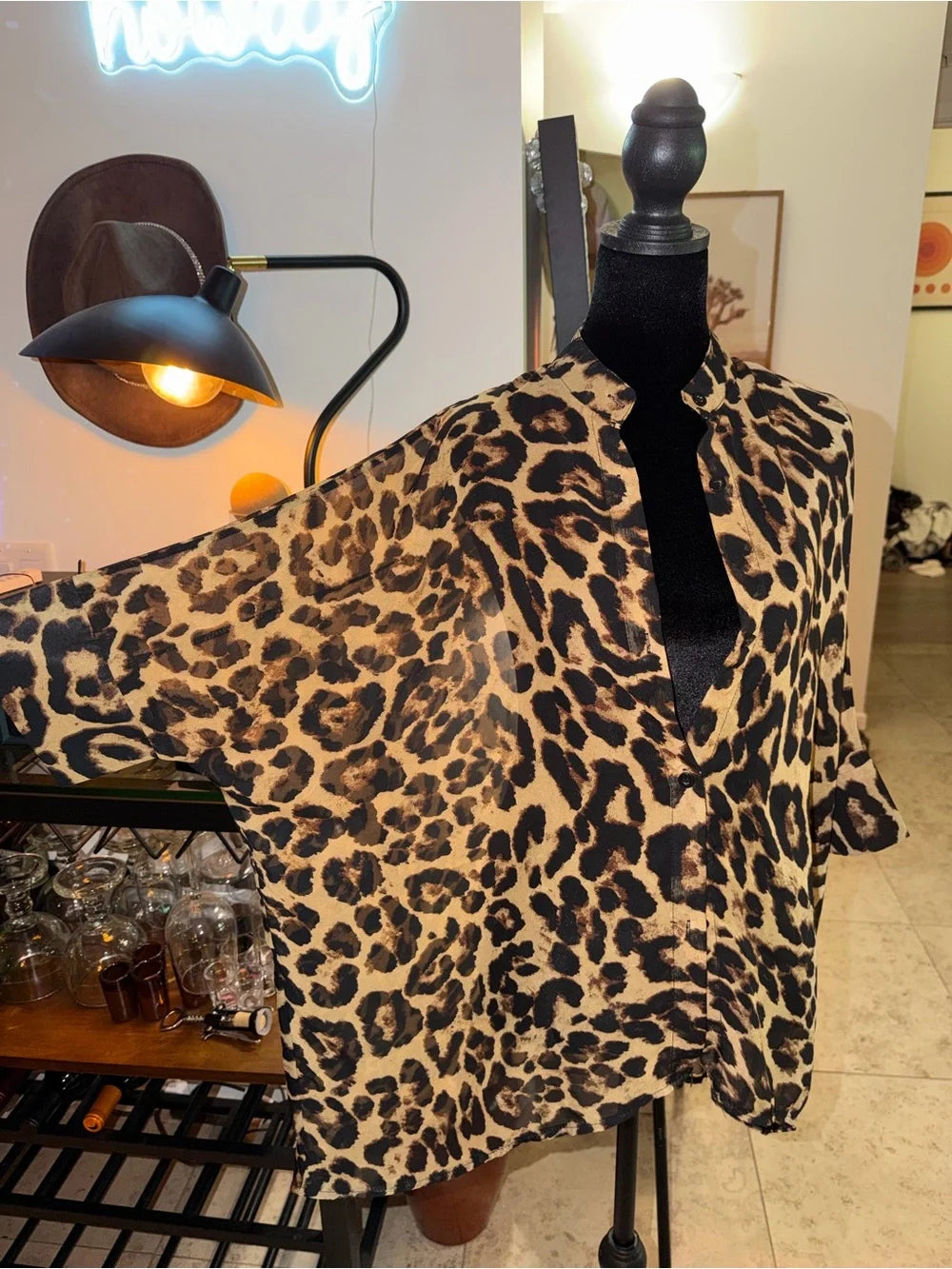 Leopard Print Button-Down Shirt - Tan/Black