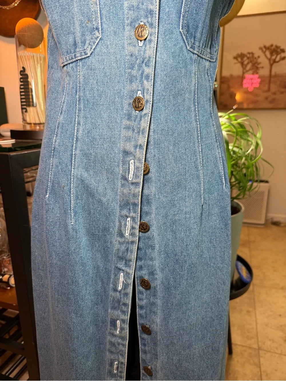 Sleeveless Blue Denim Maxi Dress with Front Buttons