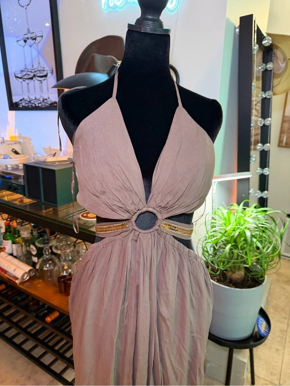 New With Tag Fashion Nova Taupe Halter Maxi Dress with Ring Detail