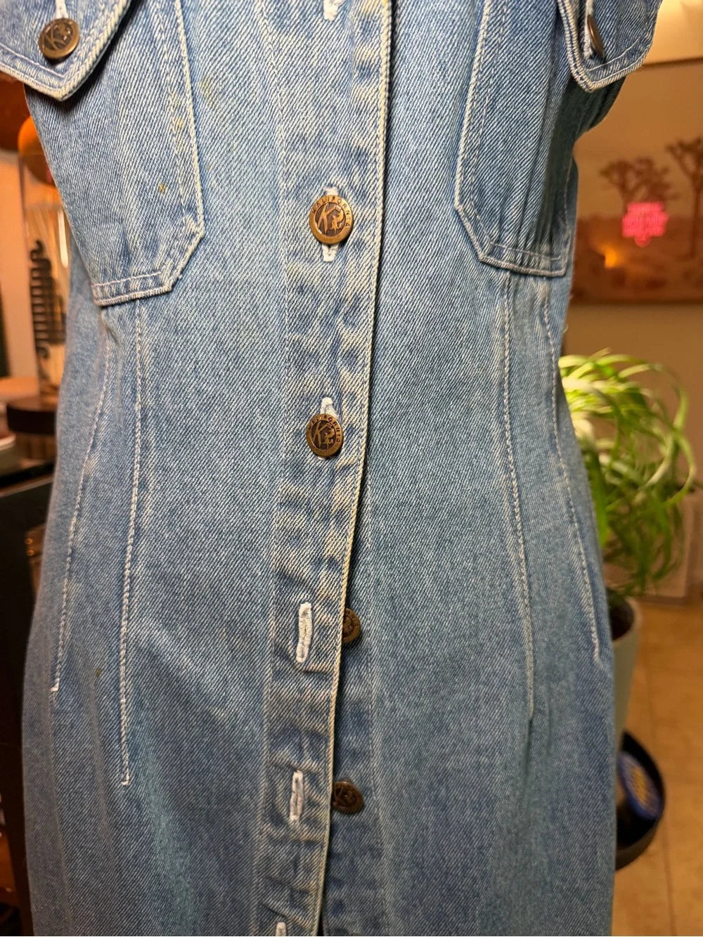 Sleeveless Blue Denim Maxi Dress with Front Buttons