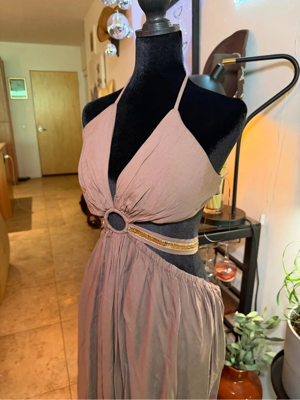 New With Tag Fashion Nova Taupe Halter Maxi Dress with Ring Detail
