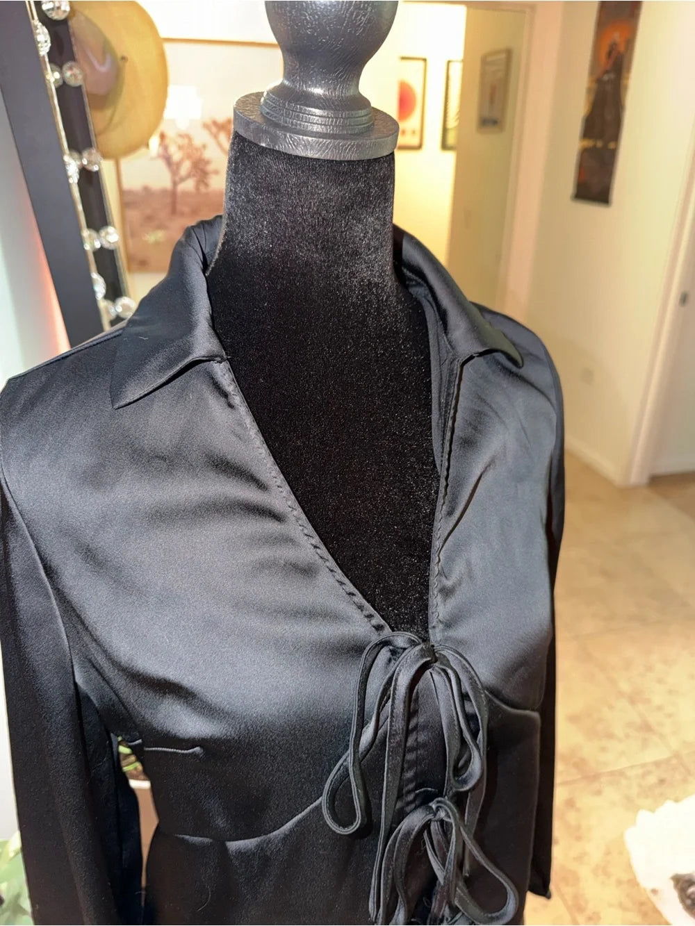a new day Black Satin Lace-Up Tie Front Blouse