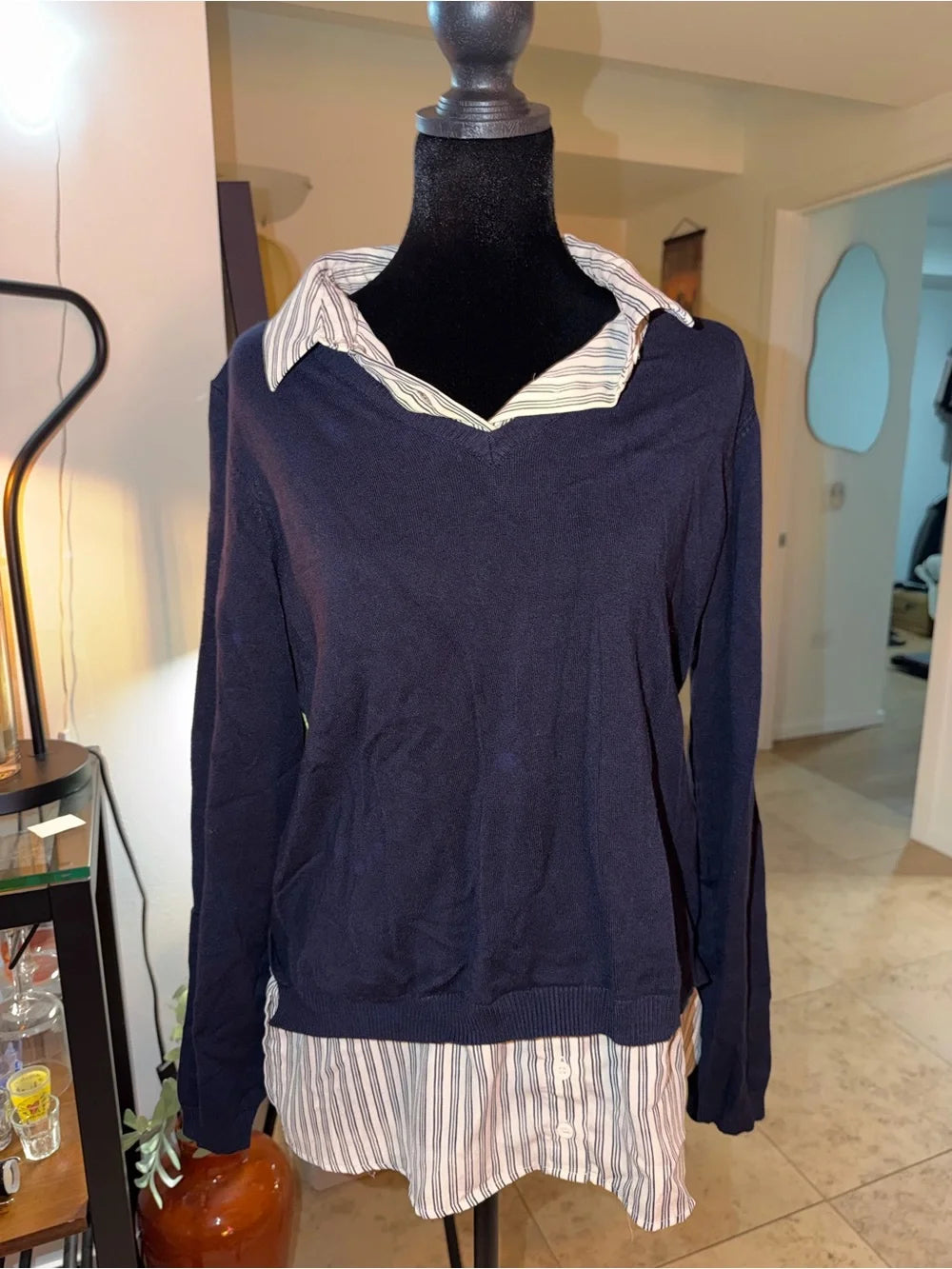 Adrianna Papell Navy V-Neck Sweater with Striped Shirt Layer | Polished Preppy Chic