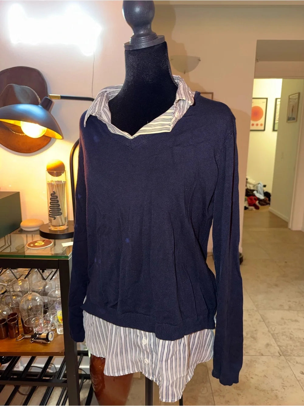 Adrianna Papell Navy V-Neck Sweater with Striped Shirt Layer | Polished Preppy Chic