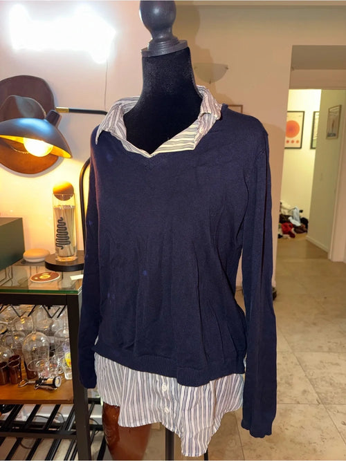 Adrianna Papell Navy V-Neck Sweater with Striped Shirt Layer | Polished Preppy Chic