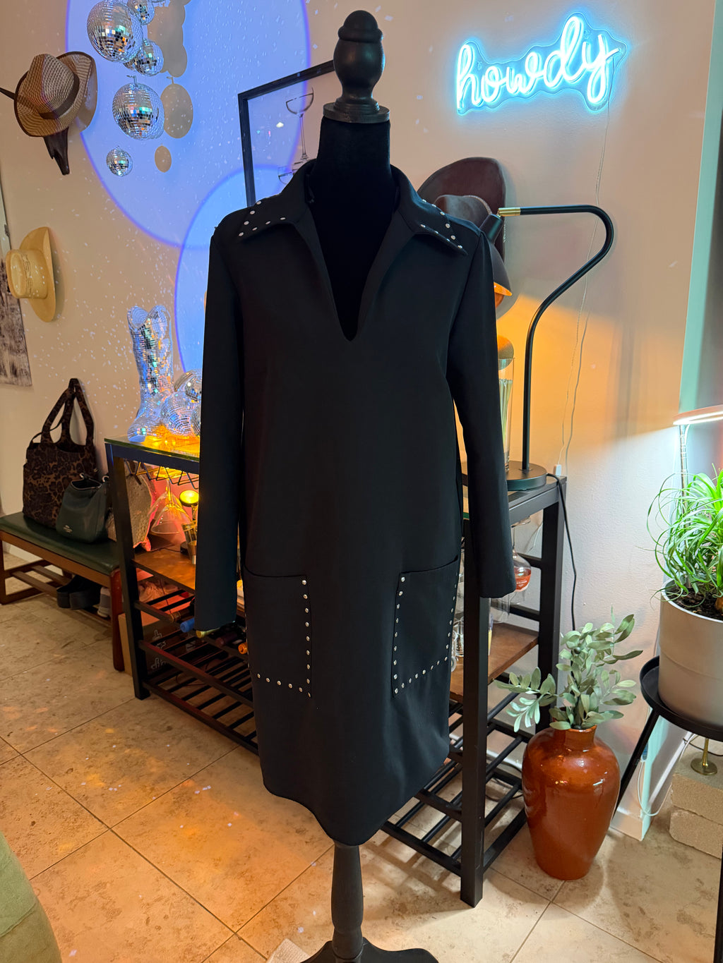 ZARA Stud-Trim Black Long Sleeve Dress