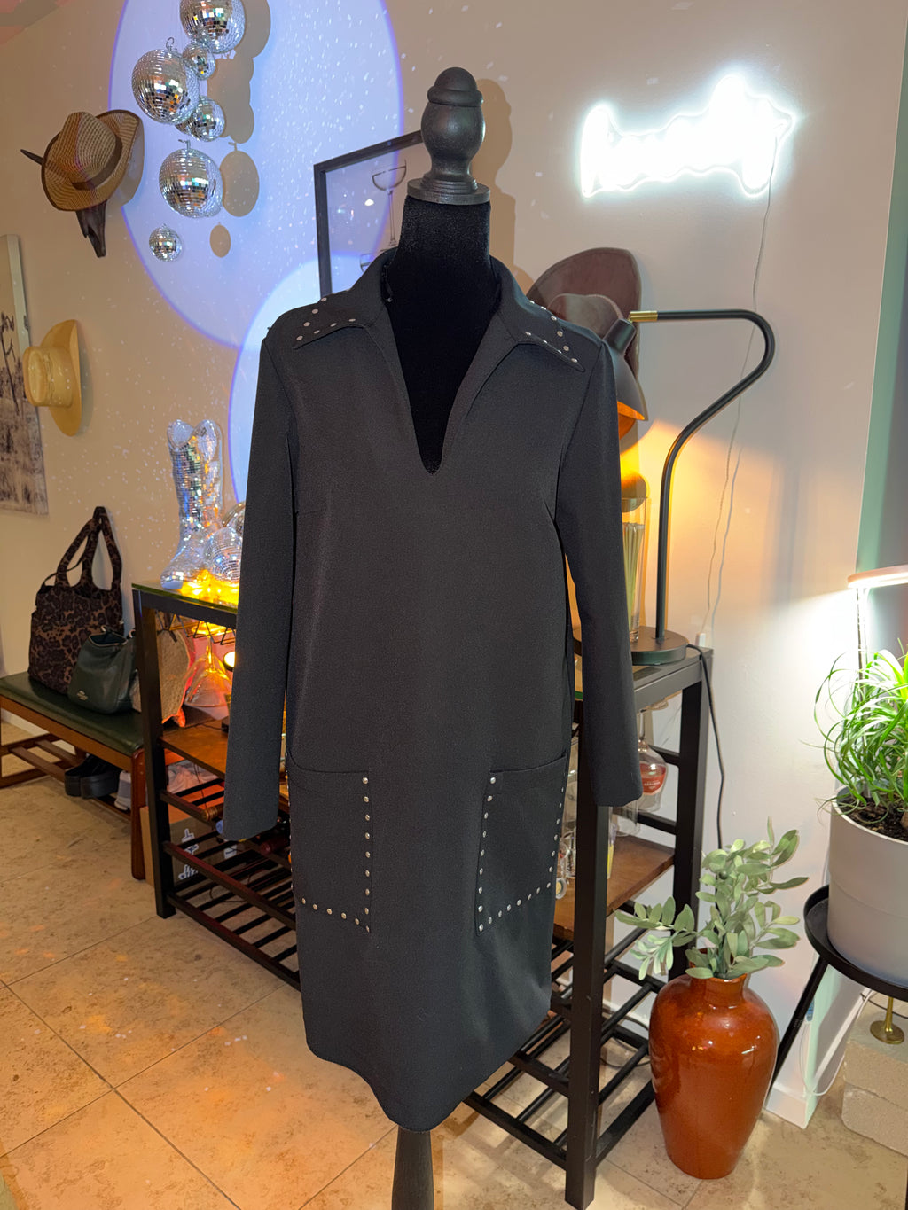 ZARA Stud-Trim Black Long Sleeve Dress