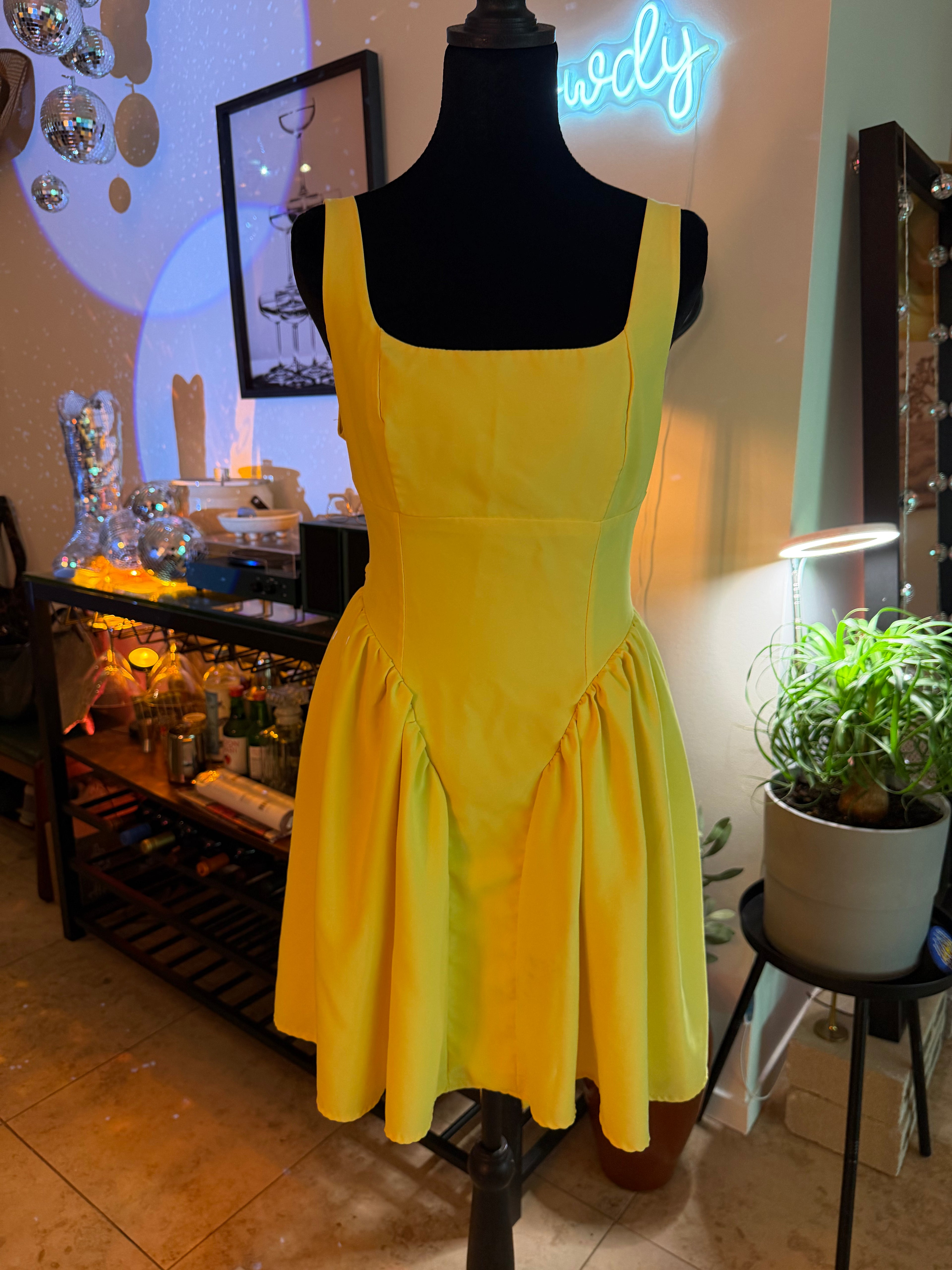 Yellow Square-Neck Fit & Flare Mini Dress