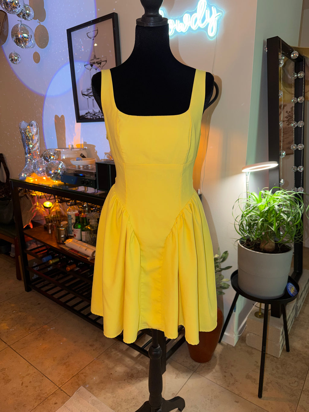 Yellow Square-Neck Fit & Flare Mini Dress