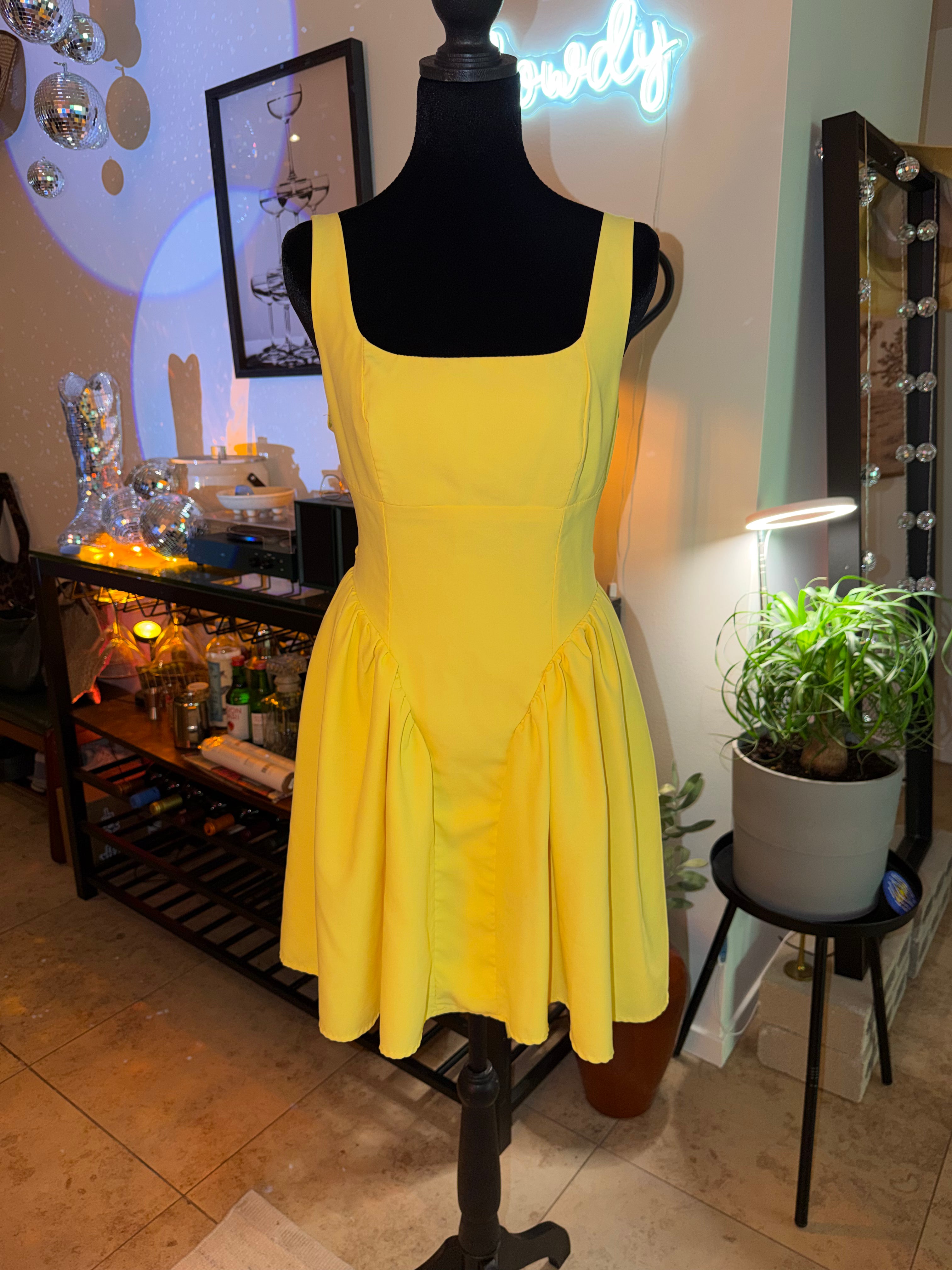 Yellow Square-Neck Fit & Flare Mini Dress