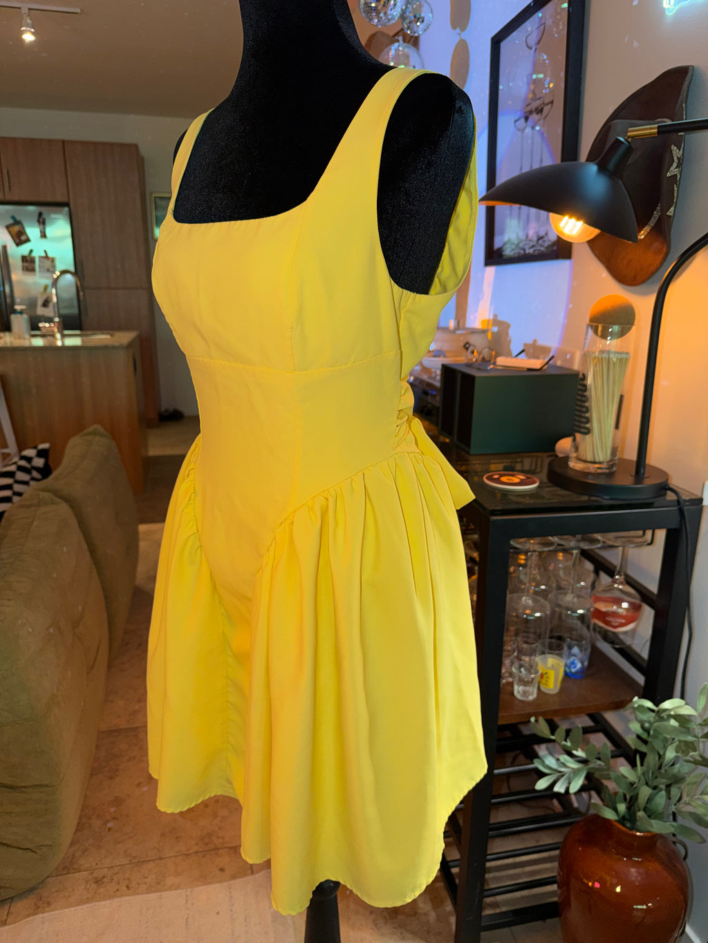 Yellow Square-Neck Fit & Flare Mini Dress