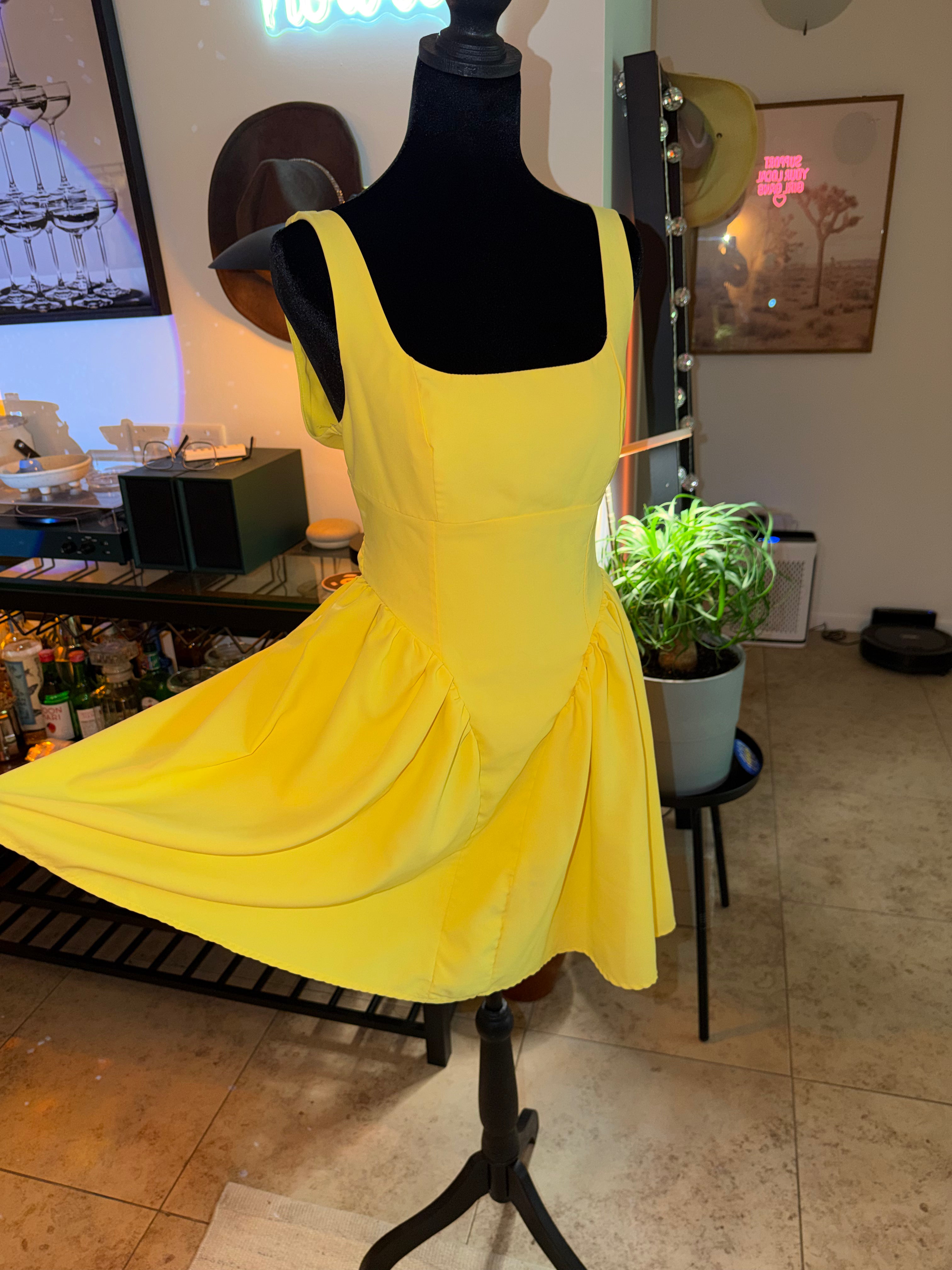 Yellow Square-Neck Fit & Flare Mini Dress