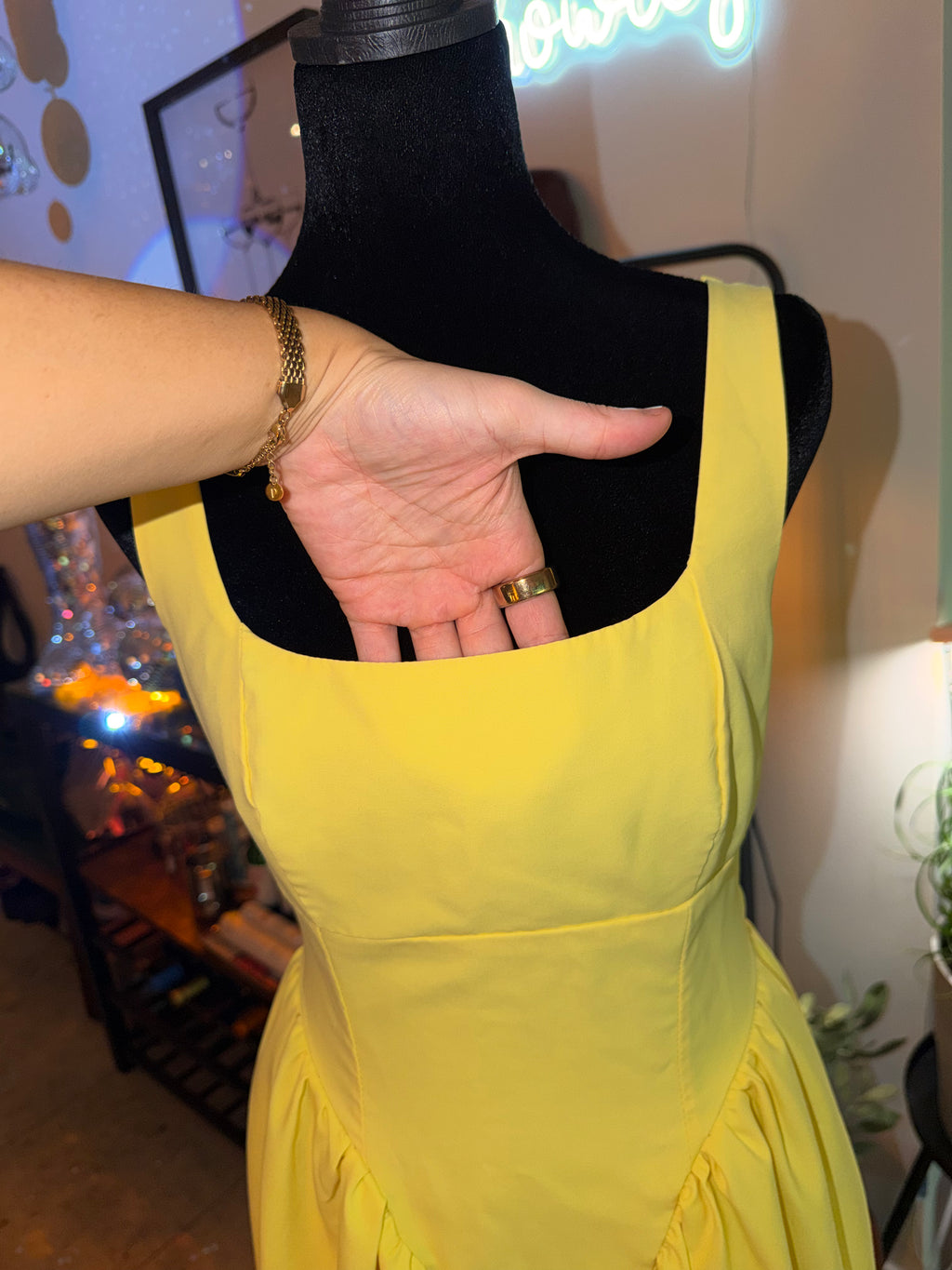Yellow Square-Neck Fit & Flare Mini Dress