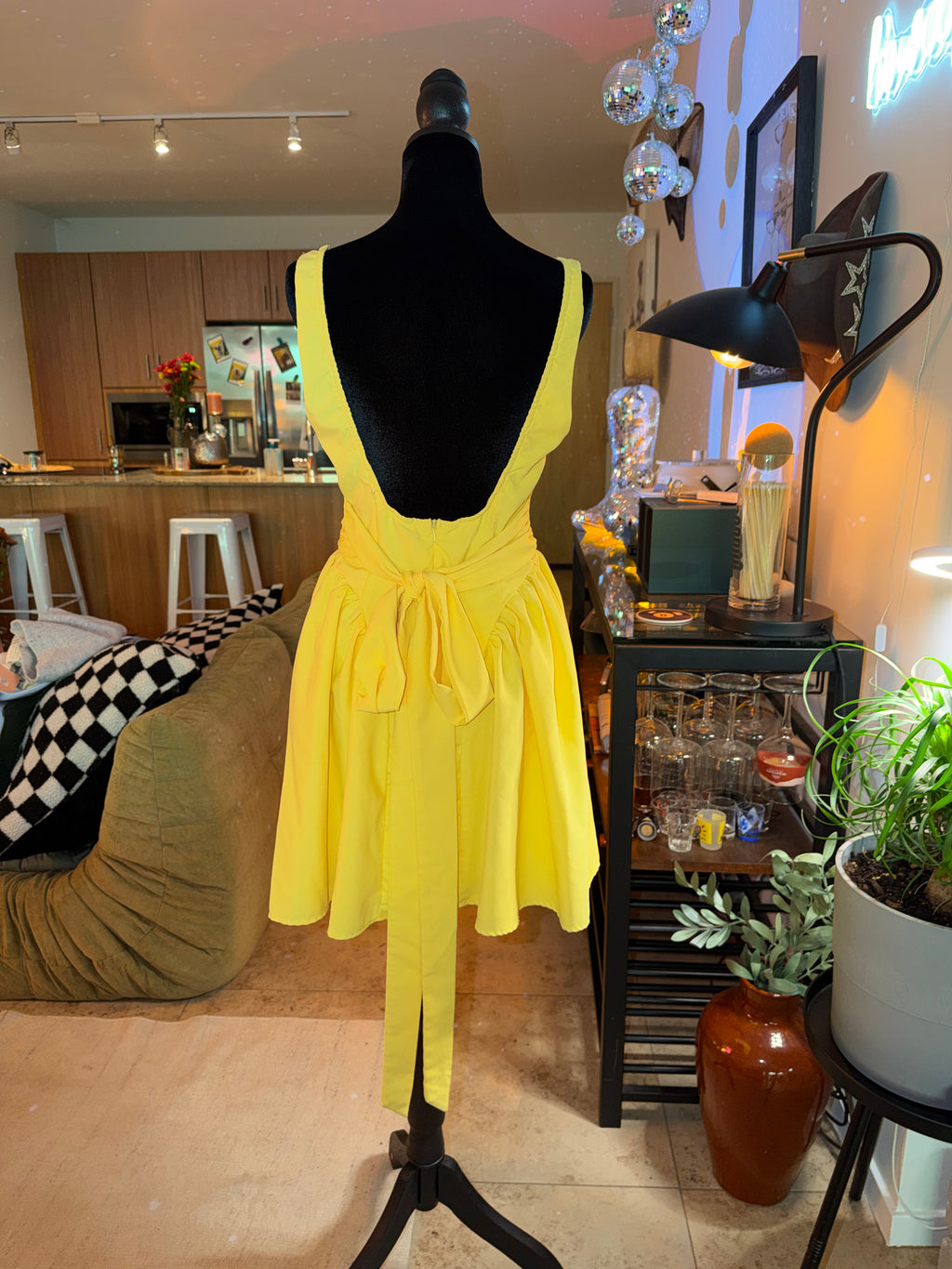 Yellow Square-Neck Fit & Flare Mini Dress
