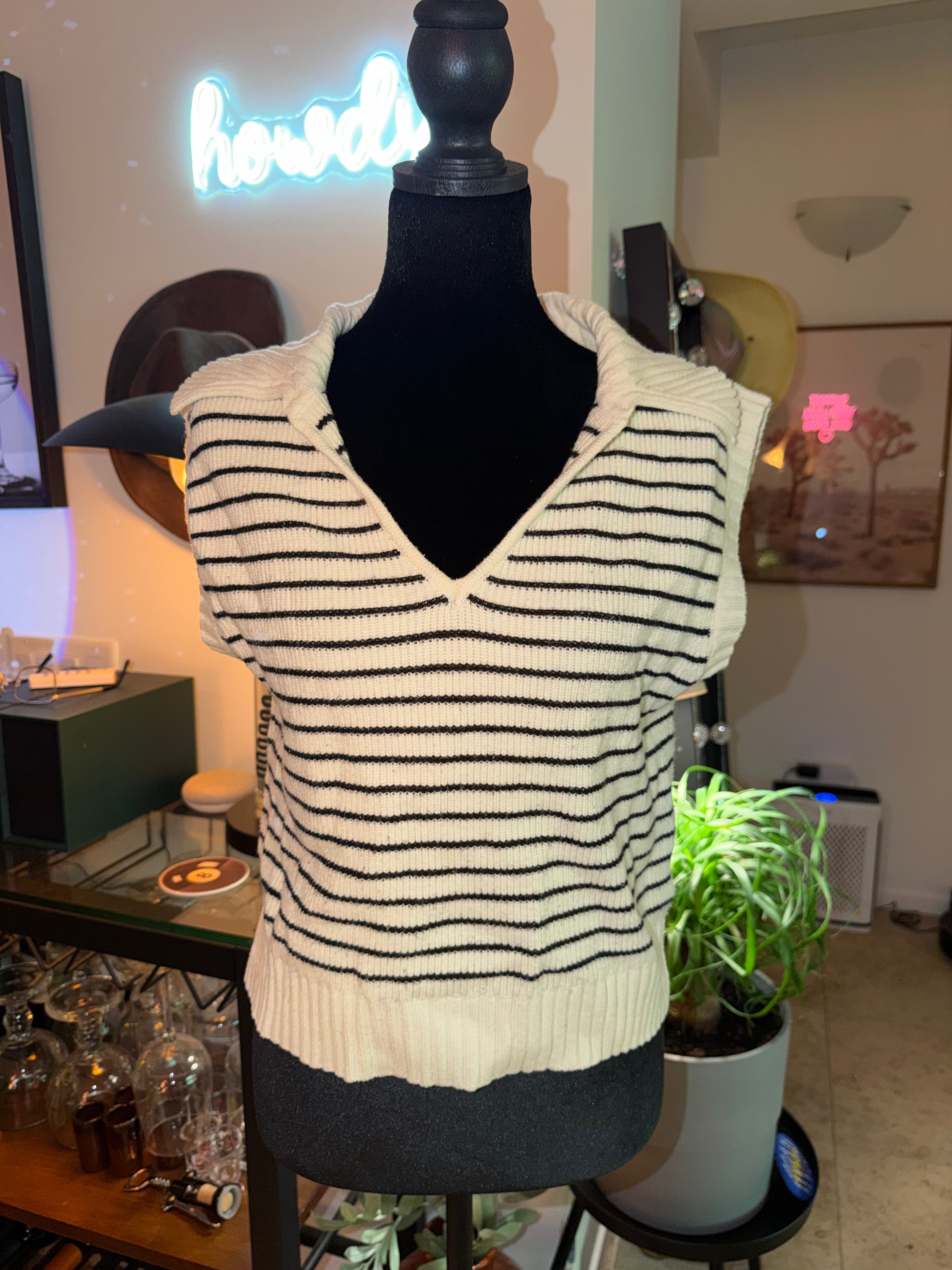 Striped V-Neck Sleeveless Sweater