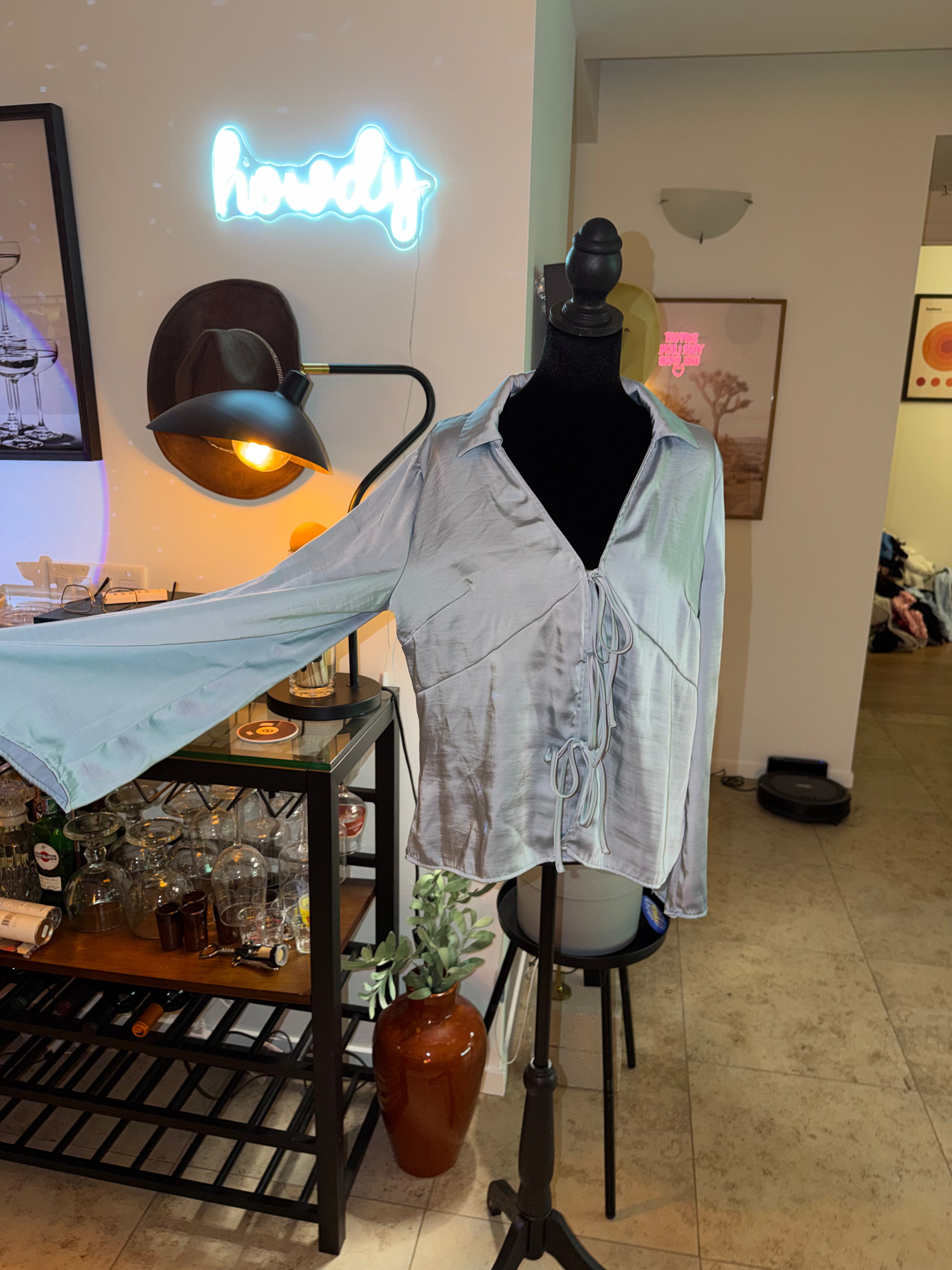 'a new day' Pale Blue Satin Tie-Front Blouse