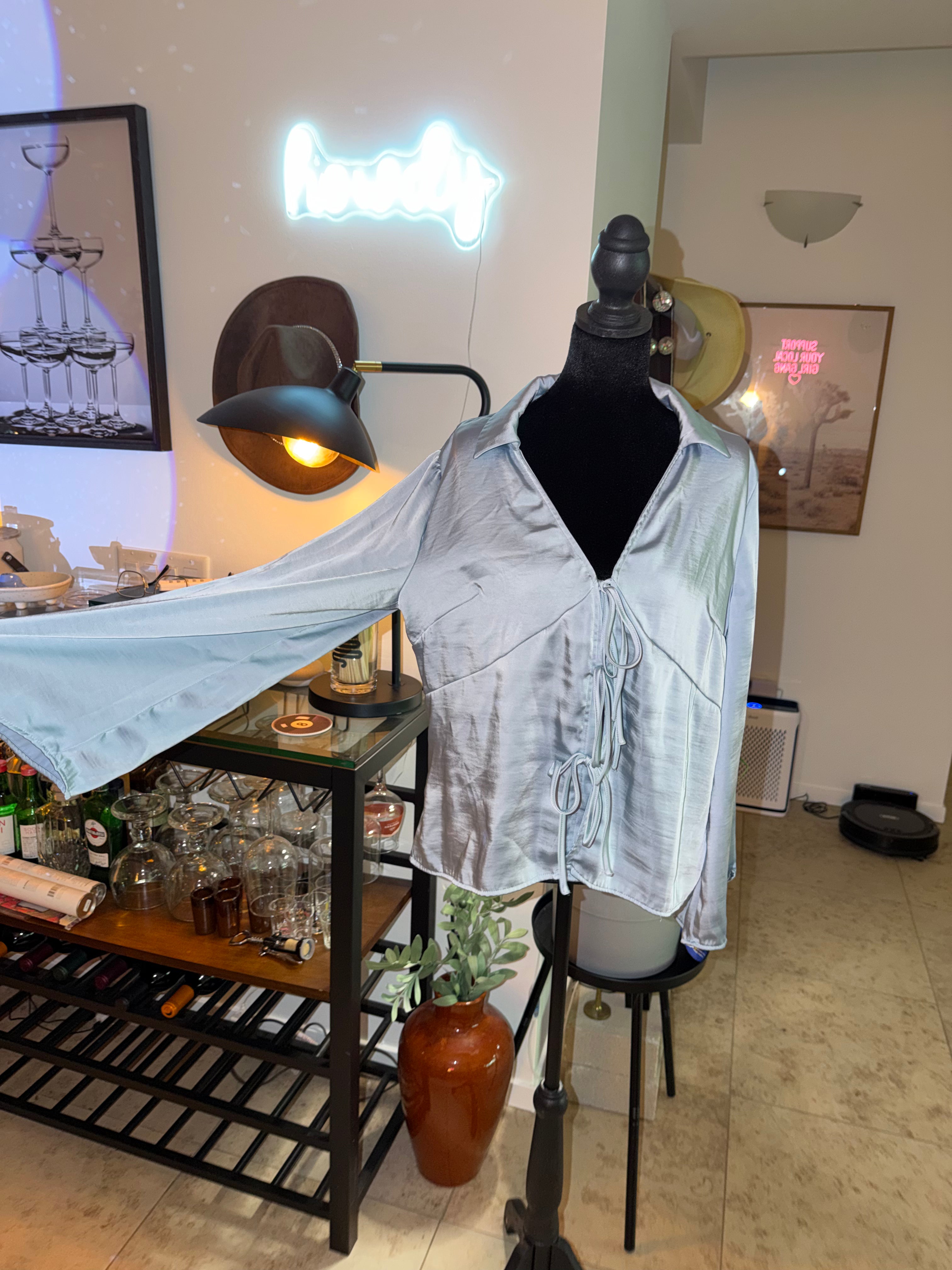 'a new day' Pale Blue Satin Tie-Front Blouse