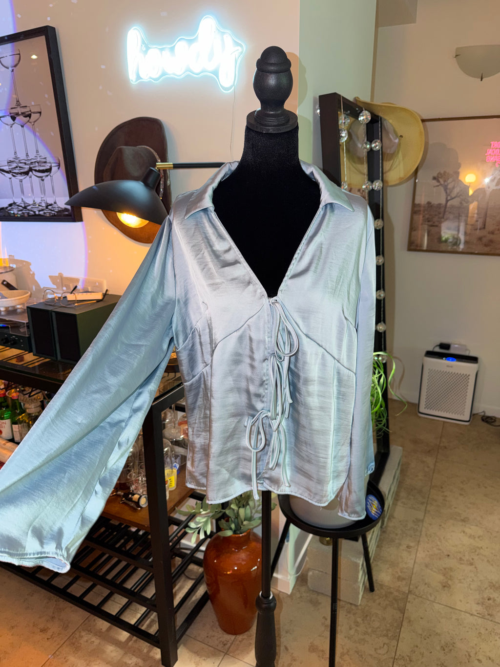 'a new day' Pale Blue Satin Tie-Front Blouse