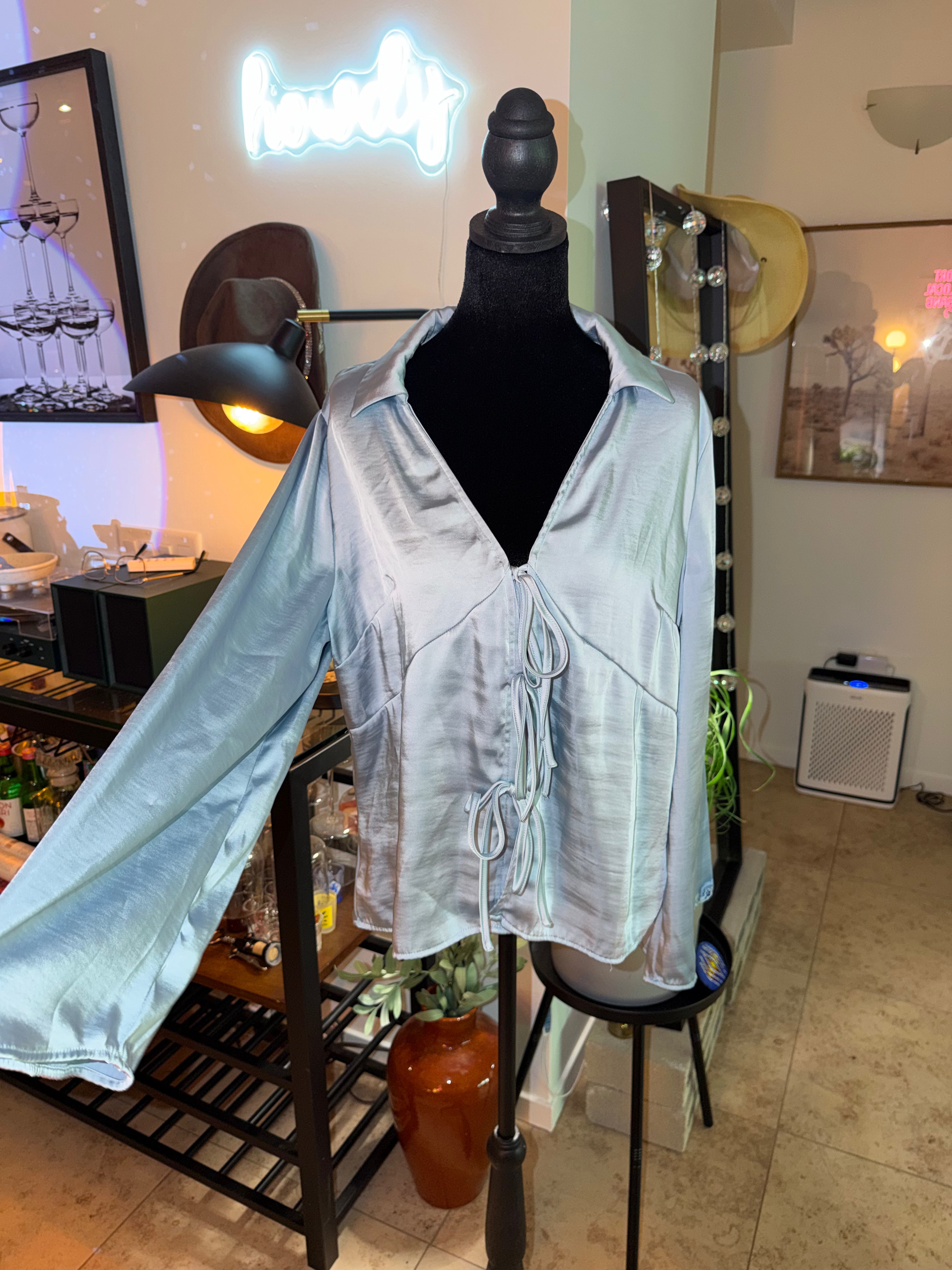 'a new day' Pale Blue Satin Tie-Front Blouse