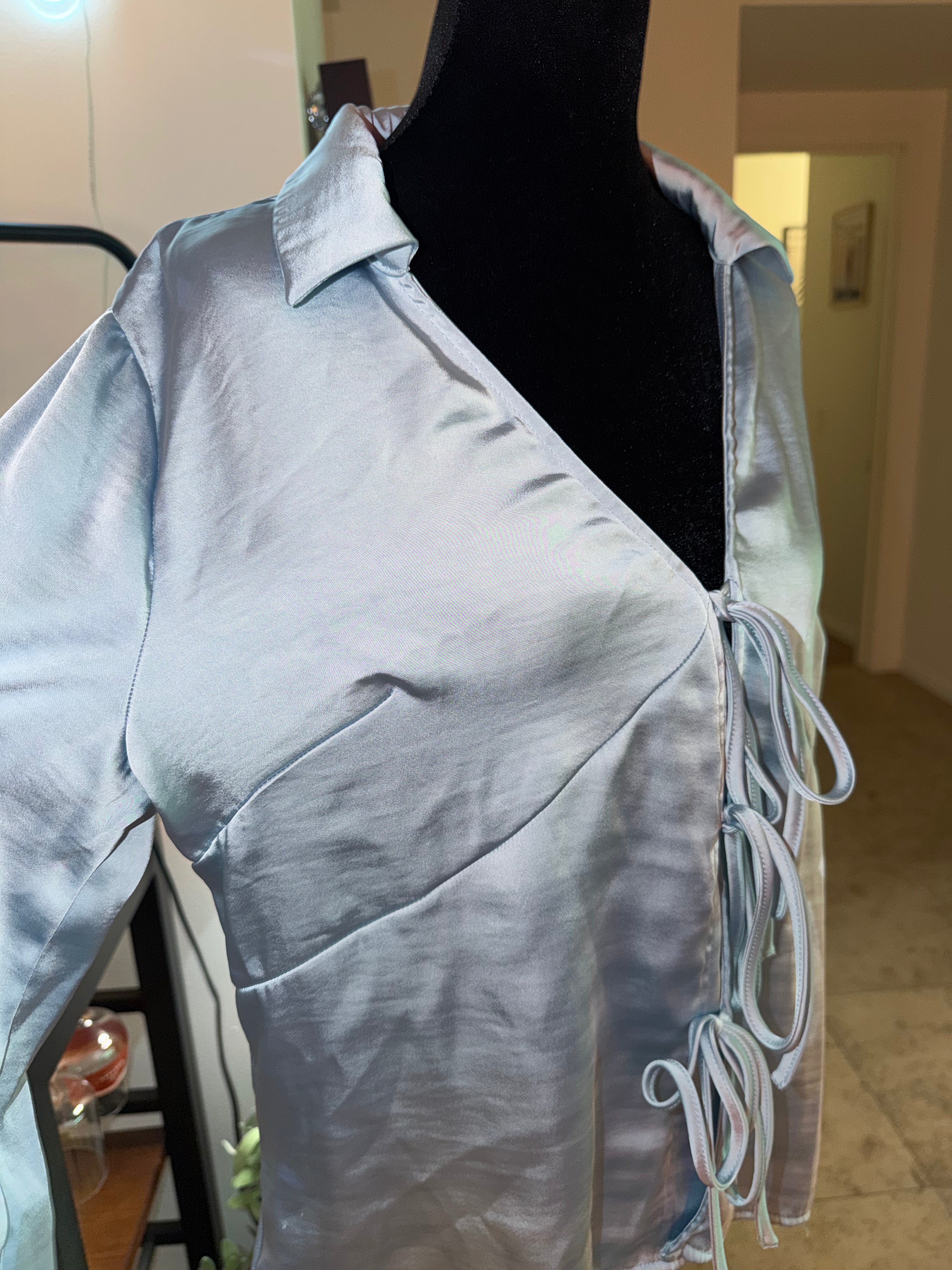 'a new day' Pale Blue Satin Tie-Front Blouse