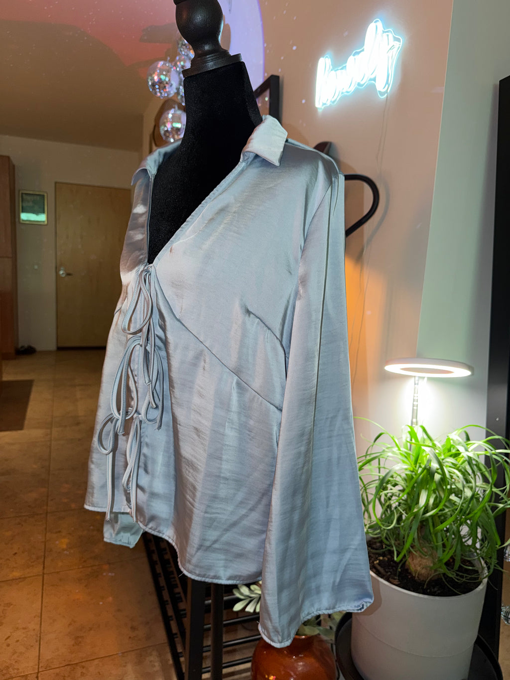 'a new day' Pale Blue Satin Tie-Front Blouse